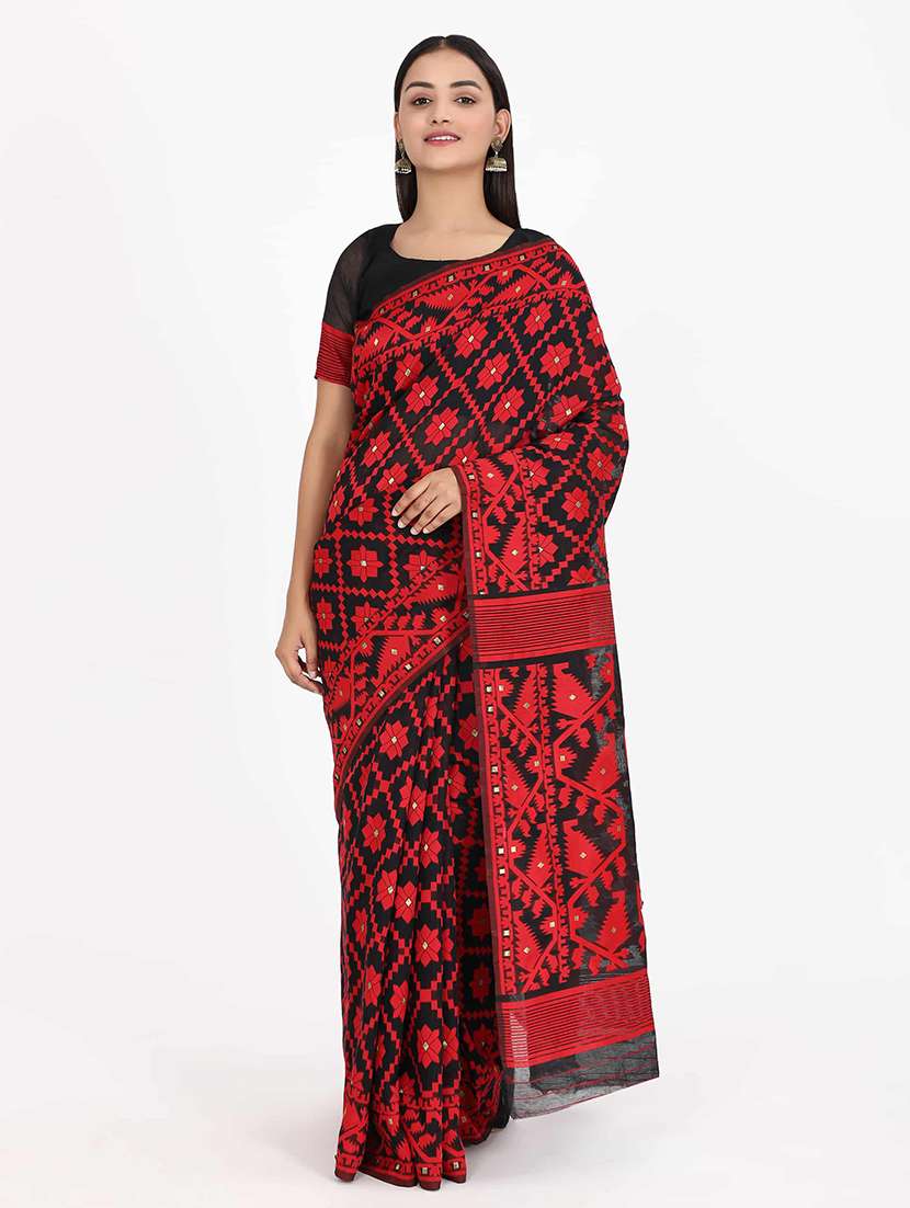 women's printed red colored saree with blouse