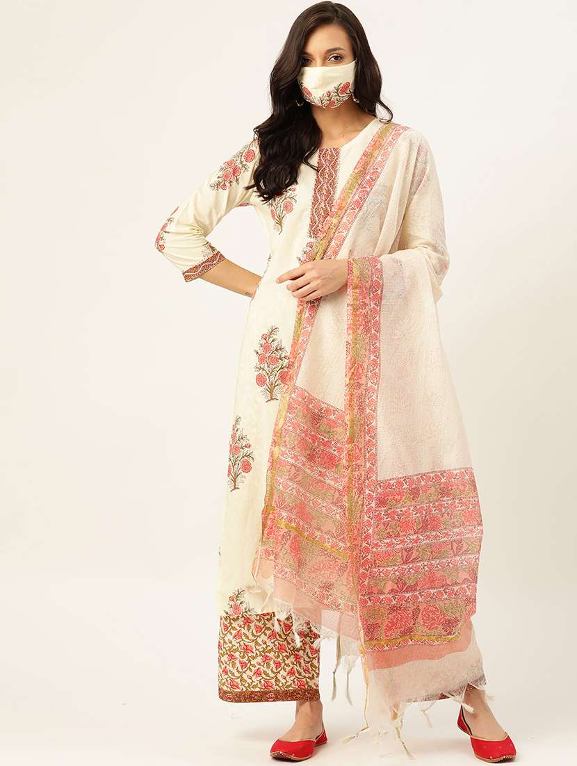 women three quarter sleeve kurta palazzo with dupatta set with face mask