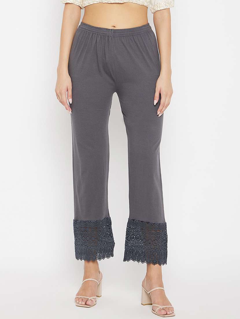 grey lace detailed mid rise trouser