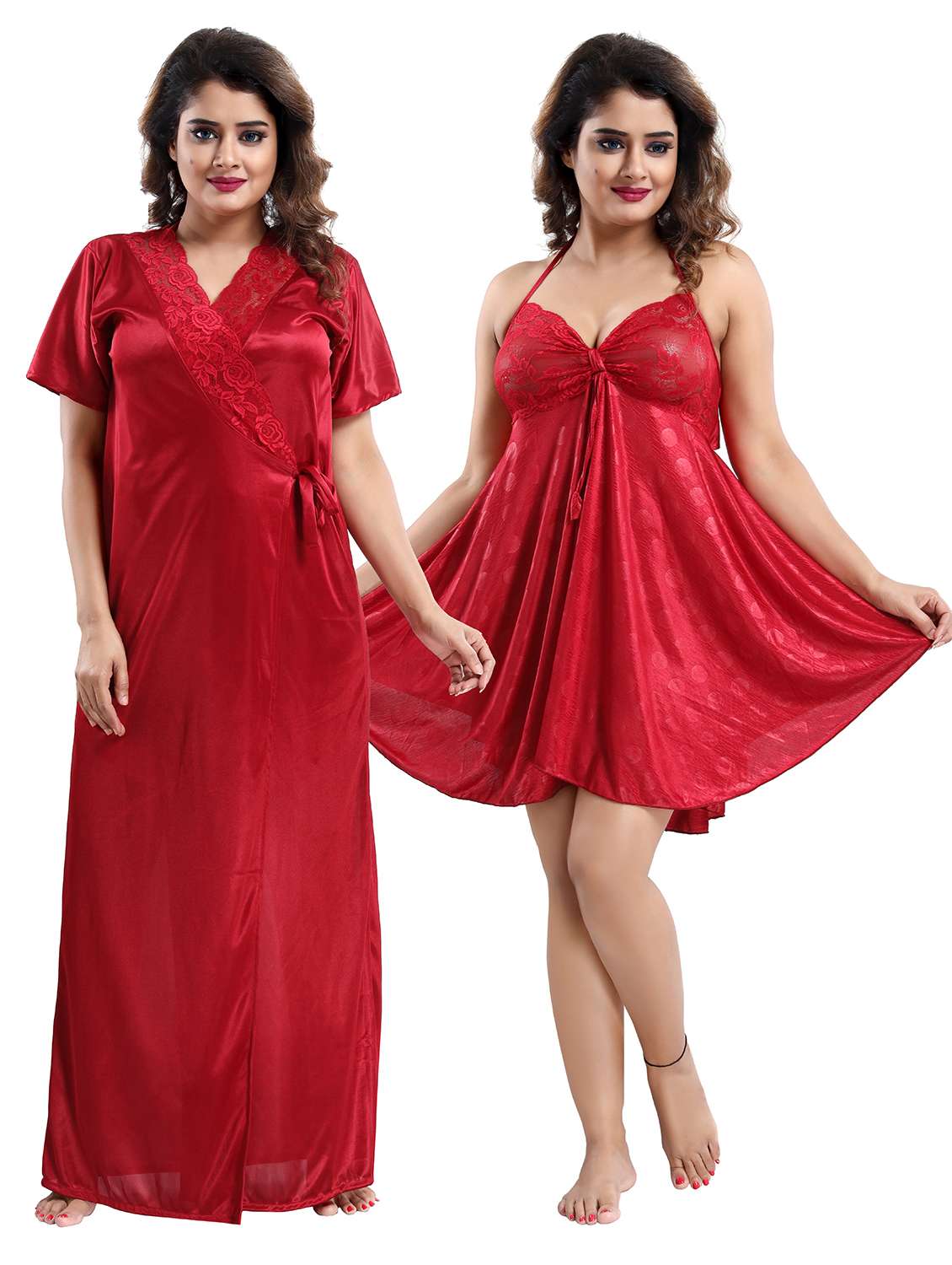 red solid sleepwear robe set - 17983084 -  Zoom Image - 0