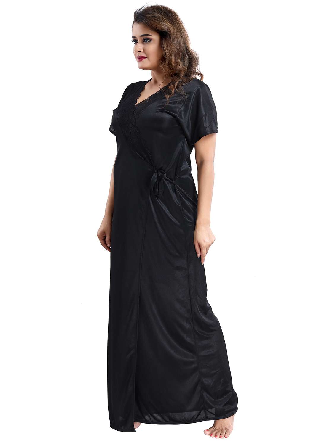 black solid sleepwear robe with babydoll set - 17983085 -  Standard Image - 1