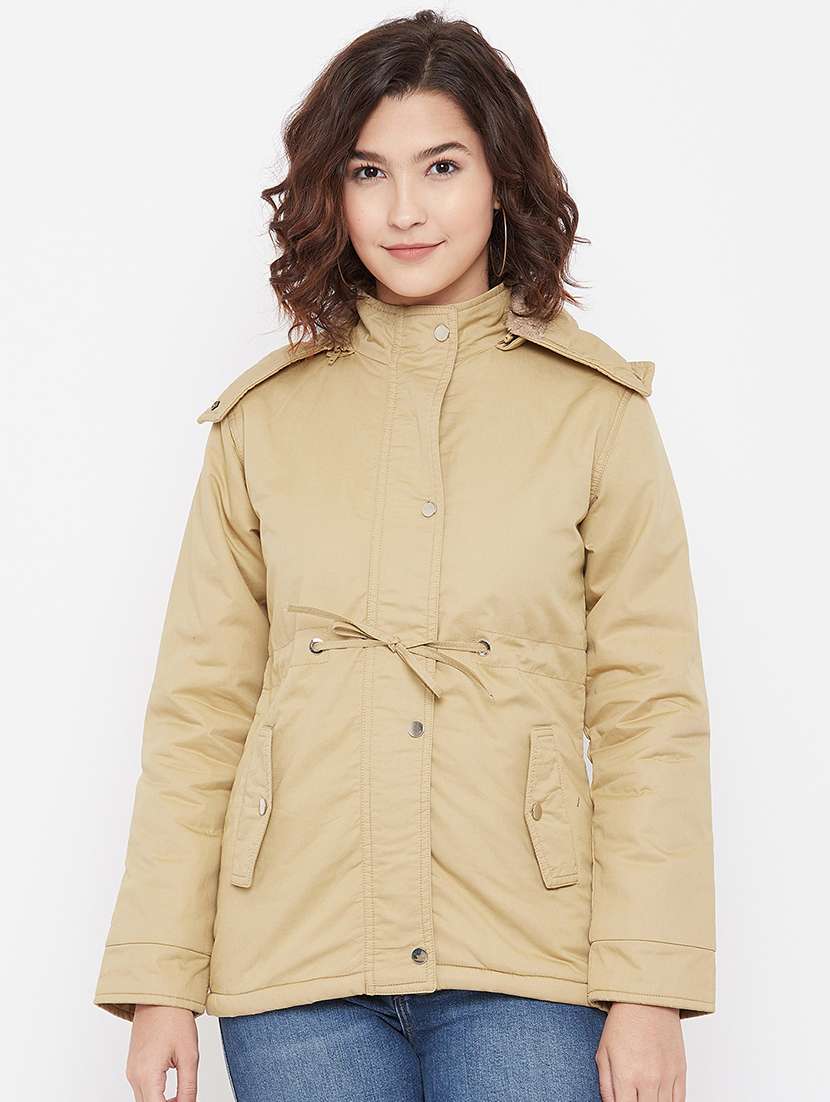 women fur hood solid regular jacket 
