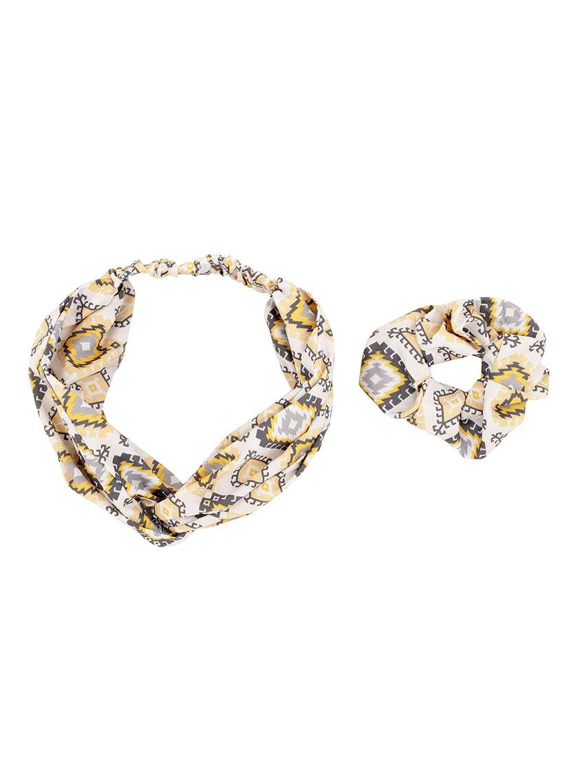 white printed viscose headband and scrunchy combo pack