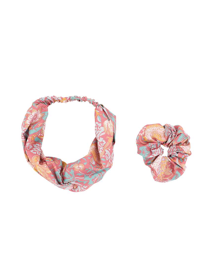 Pink Printed Viscose Headband And Scrunchy Combo Pack