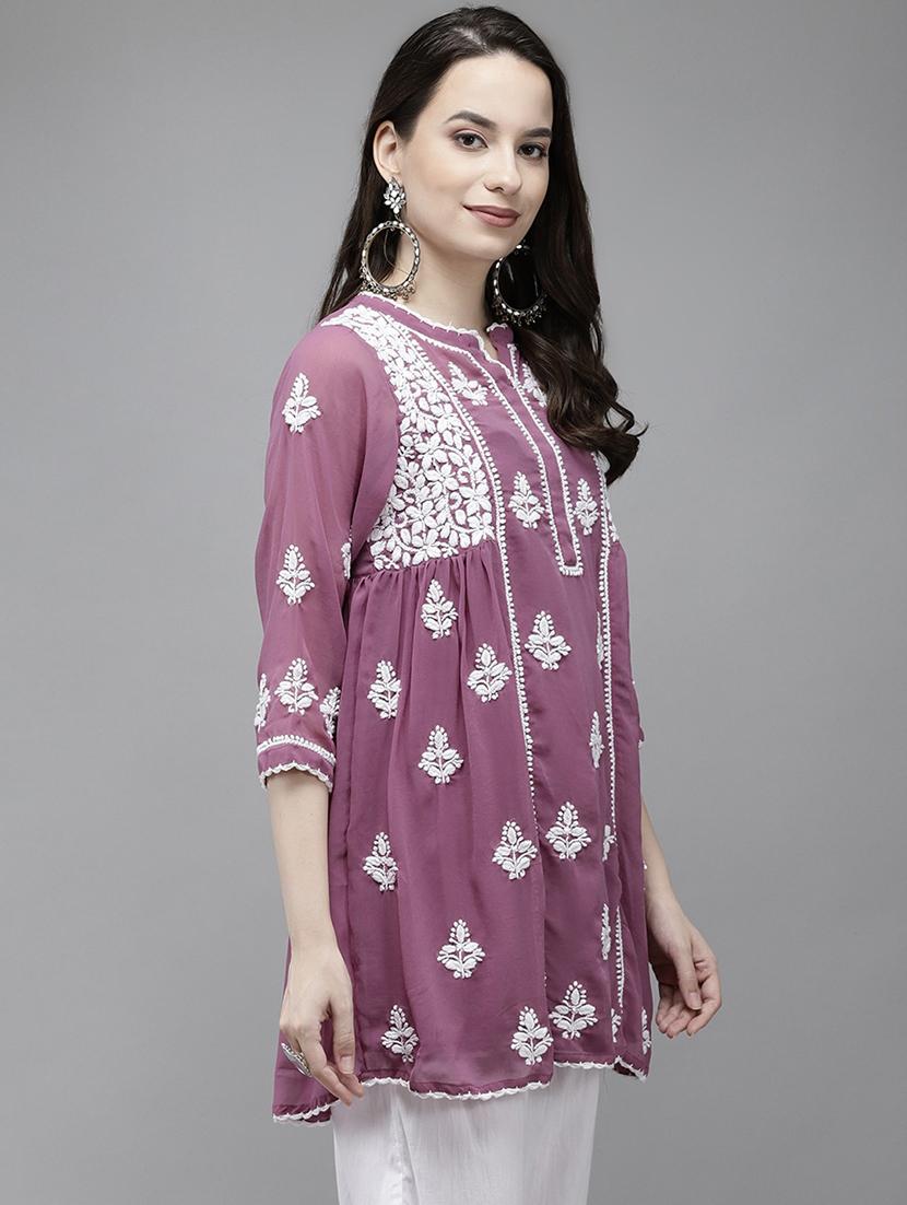 ada hand-embroidered chikankari purple a-line kurti - 17989381 - Standard Image - 1