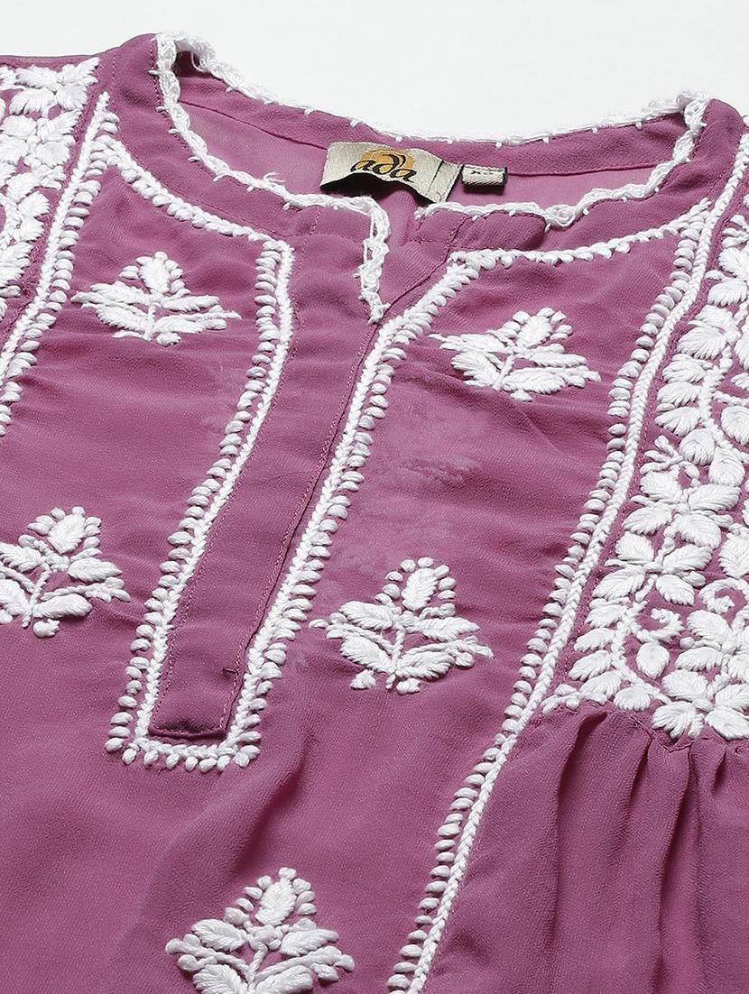 ada hand-embroidered chikankari purple a-line kurti - 17989381 - Standard Image - 4