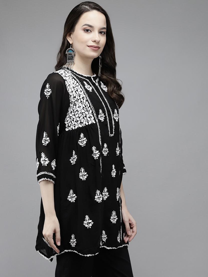 ada hand-embroidered chikankari black a-line kurti - 17989382 - Standard Image - 1