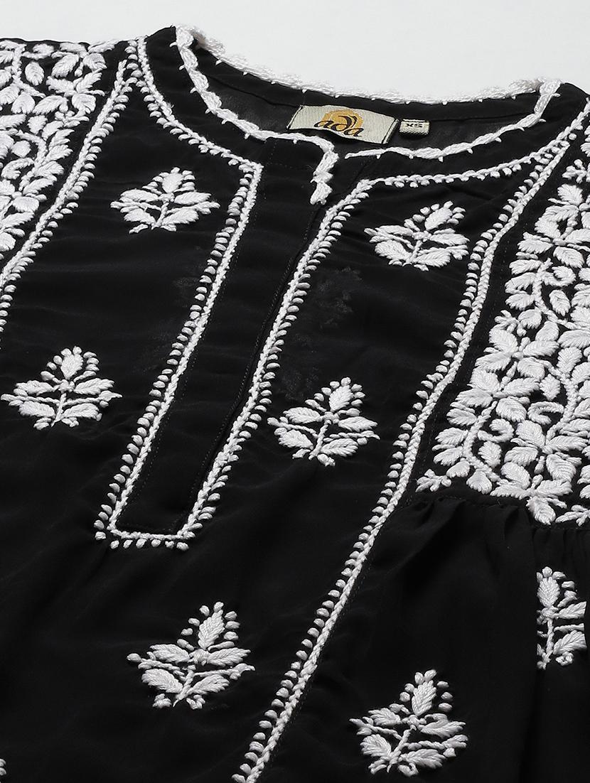 ada hand-embroidered chikankari black a-line kurti - 17989382 - Standard Image - 4
