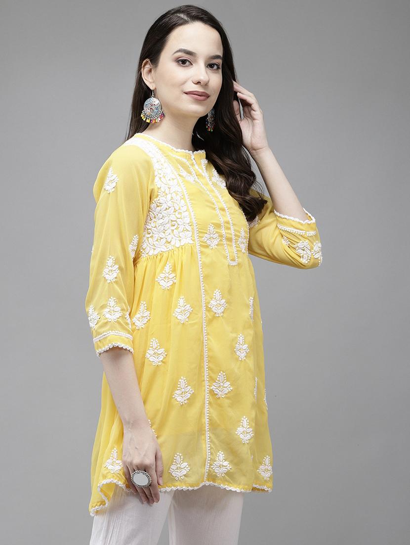 ada hand-embroidered chikankari yellow a-line kurti - 17989387 - Standard Image - 1