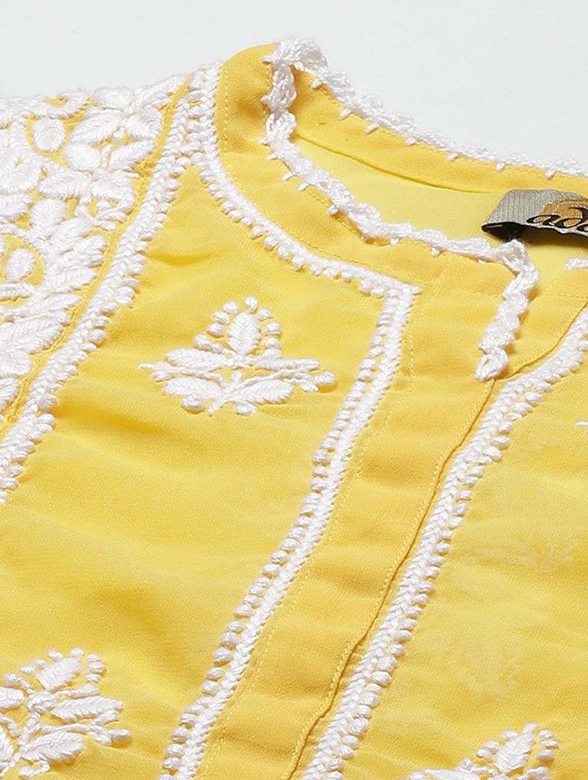ada hand-embroidered chikankari yellow a-line kurti - 17989387 - Standard Image - 4