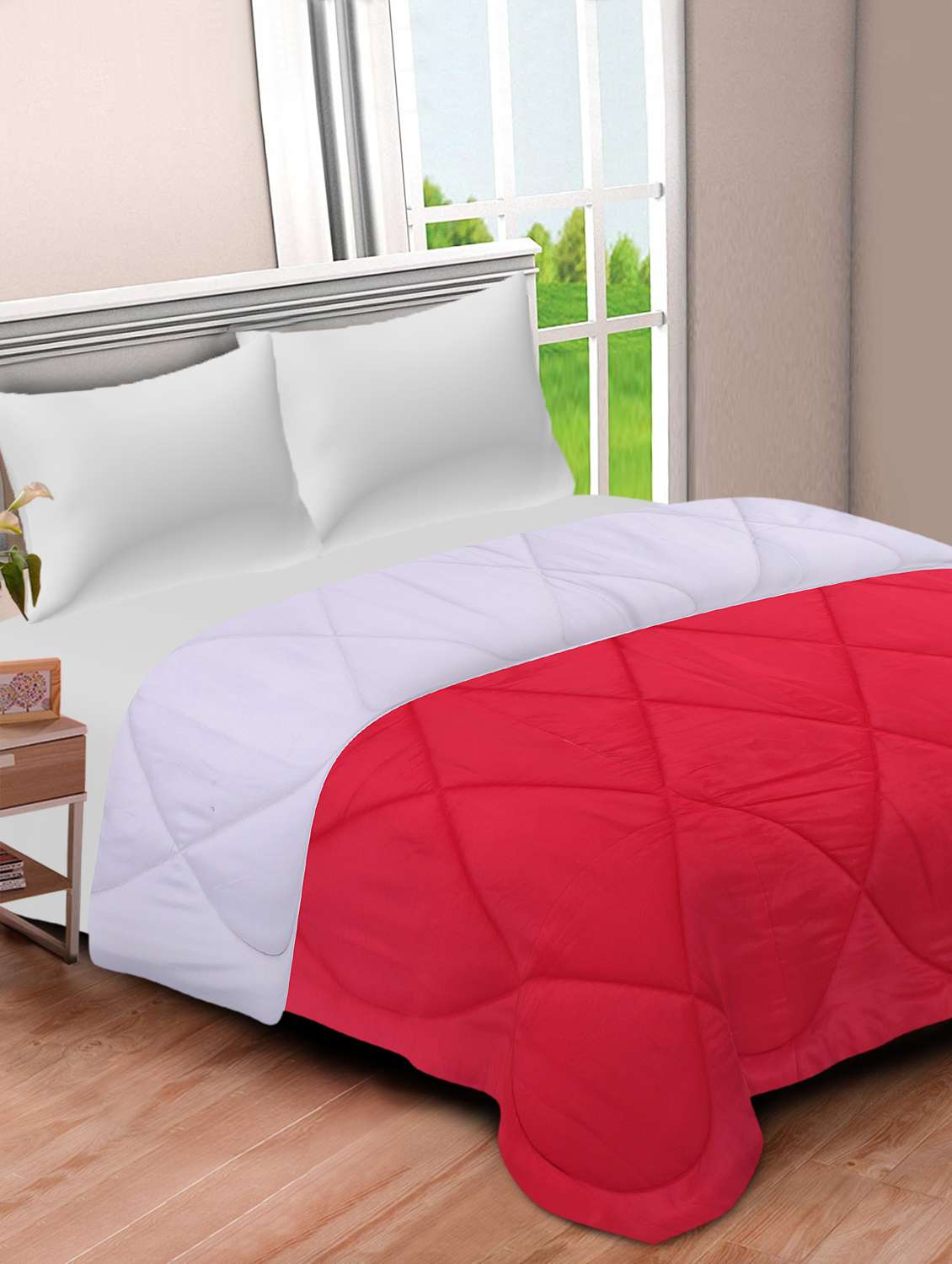 red-off white double bed comforter