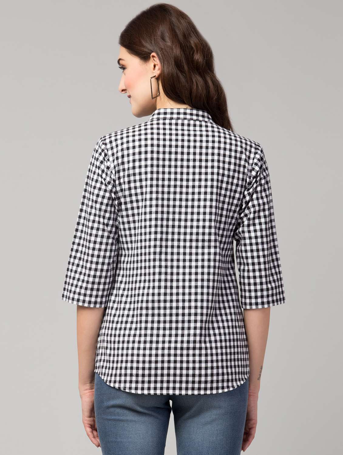 women white checkered straight mandarin neck top - 17994682 -  Standard Image - 1