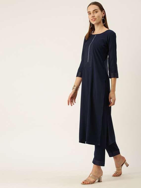 navy crepe kurta pant set - 17995055 - Standard Image - 1