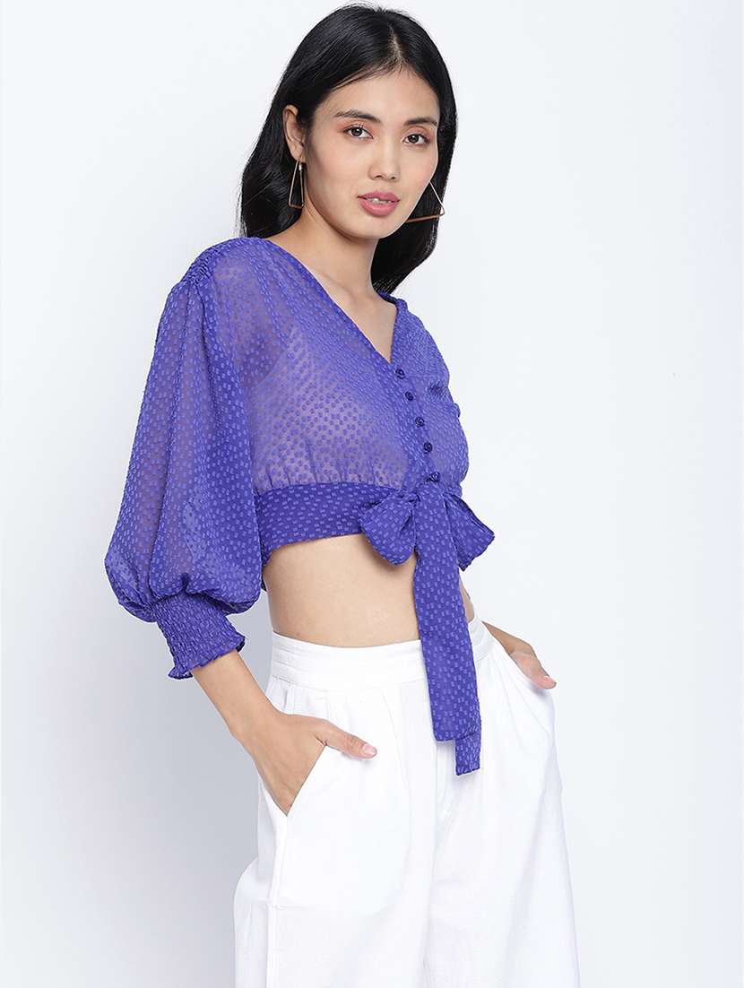 bishop sleeved dobby crop top - 17996885 -  Standard Image - 1