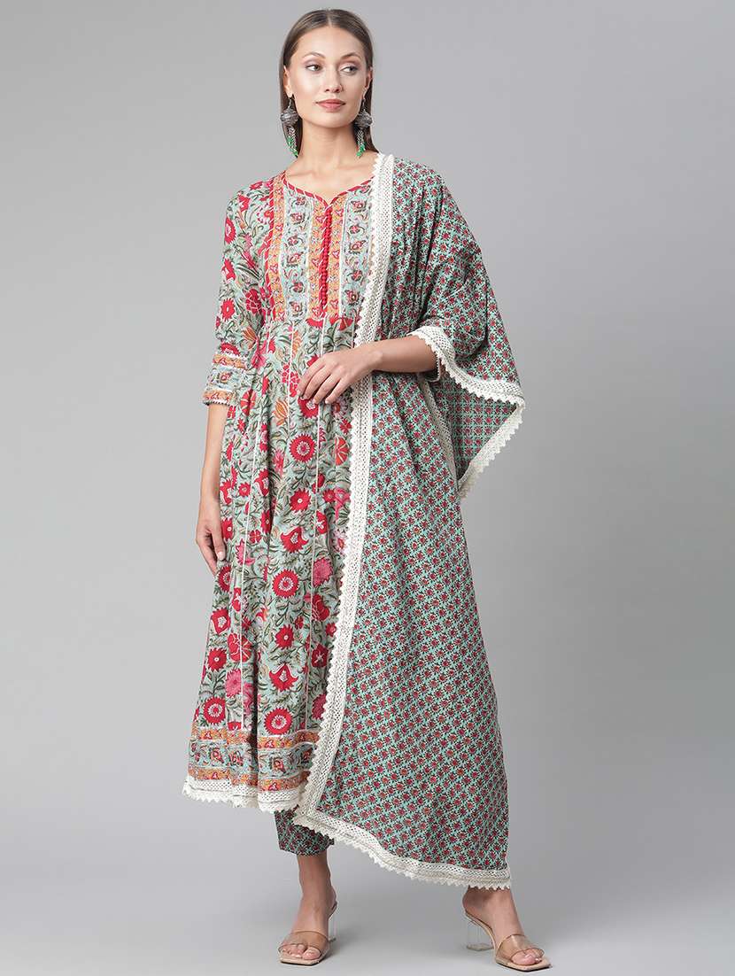 women three quarter sleeve kurta pant with dupatta set