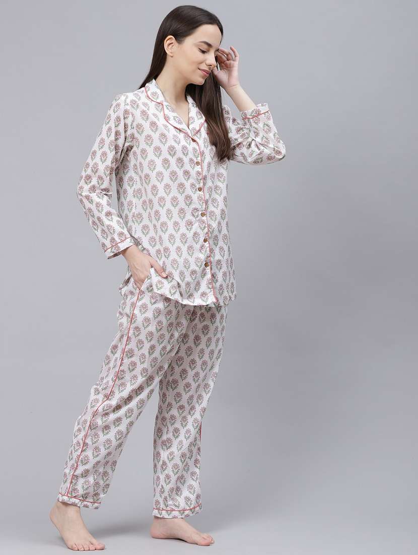 lapel neck printed nightwear pajama set - 17997485 - Standard Image - 1