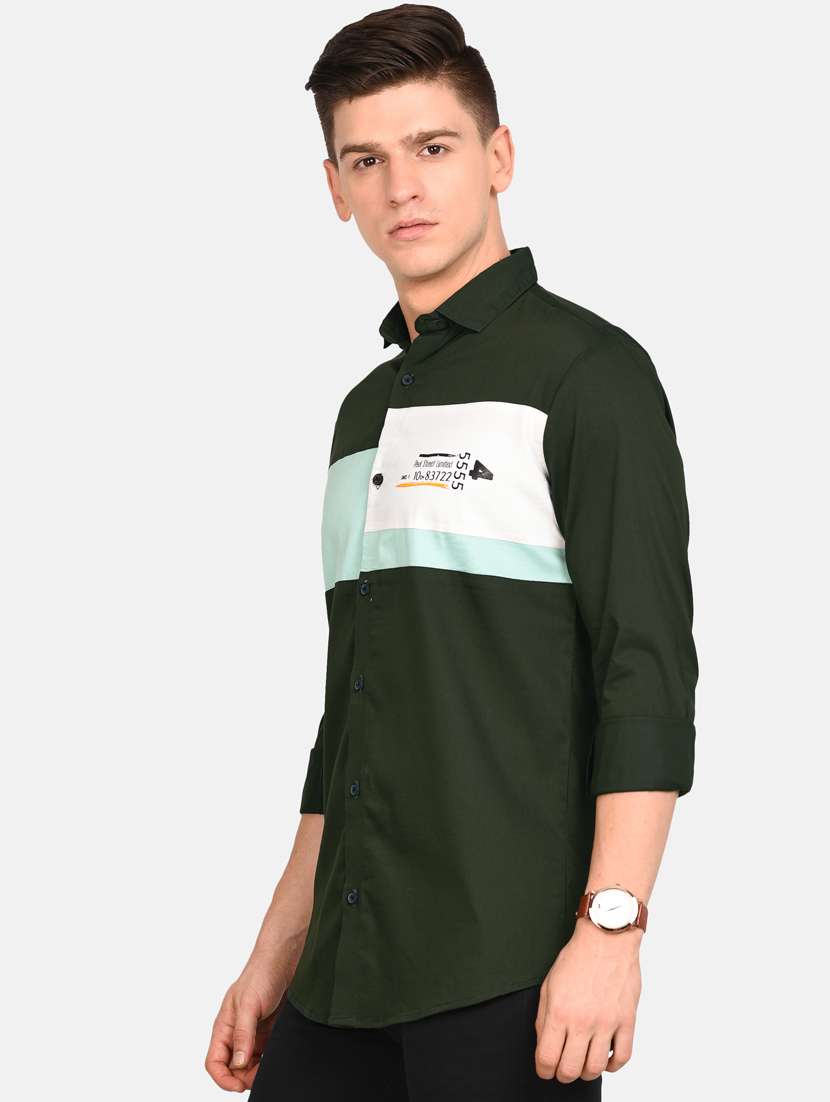 olive green color block casual shirt - 17997833 - Standard Image - 1