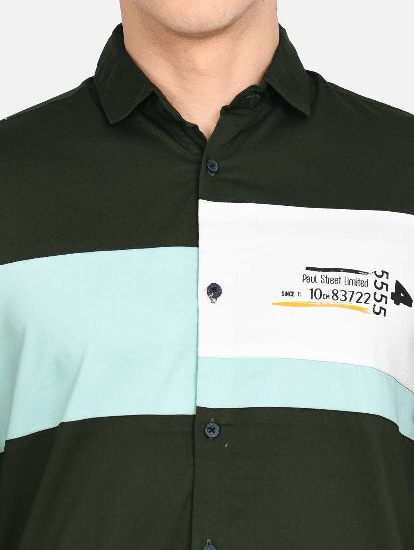 olive green color block casual shirt - 17997833 - Standard Image - 4