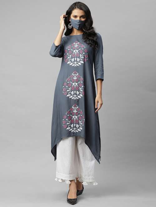floral asymmetric kurta with face mask - 17998014 - Standard Image - 0