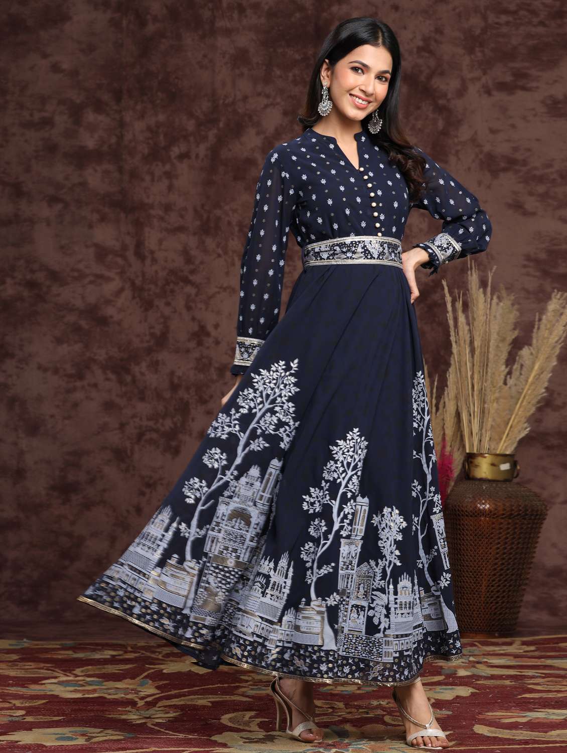 foil print flared ethnic dress - 17998094 -  Standard Image - 1
