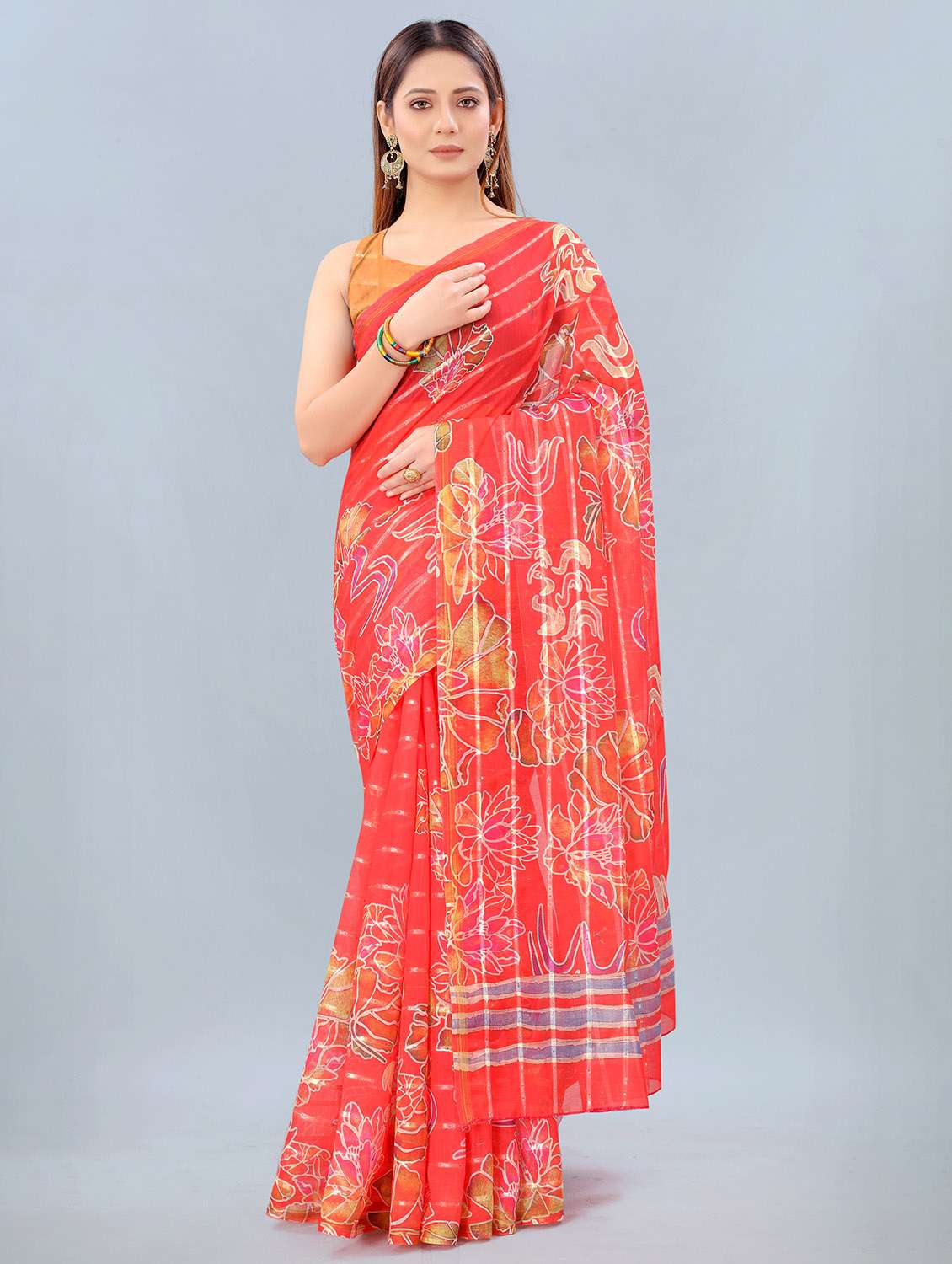 floral print woven saree with blouse