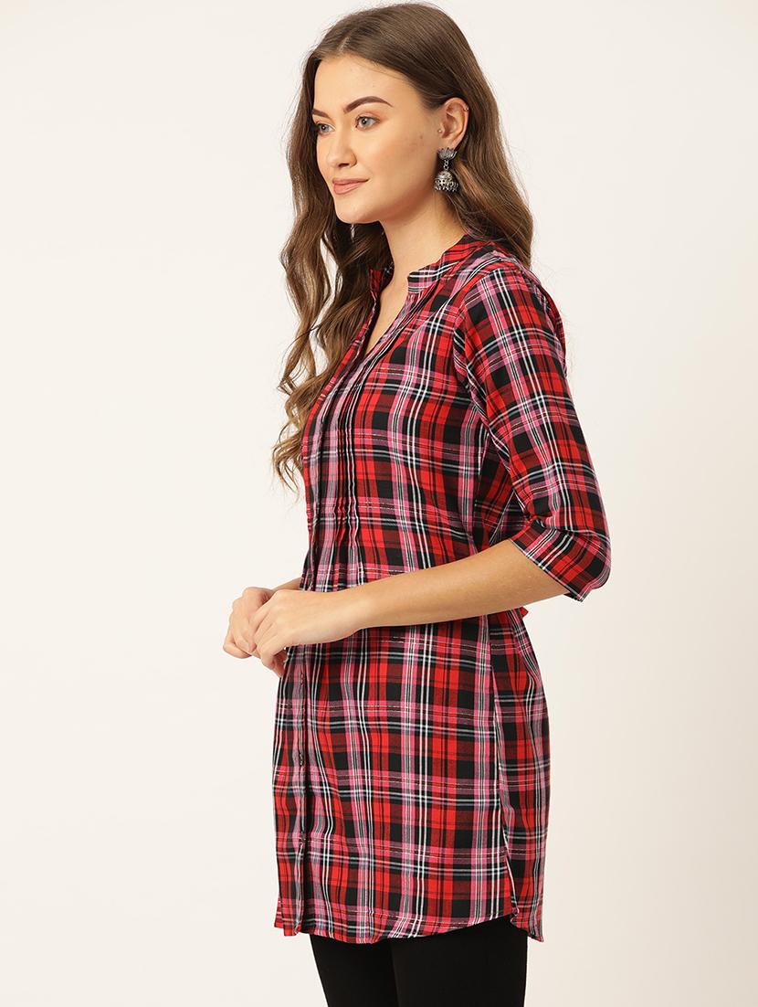 mandarin neck checkered tunic - 18000058 - Standard Image - 1