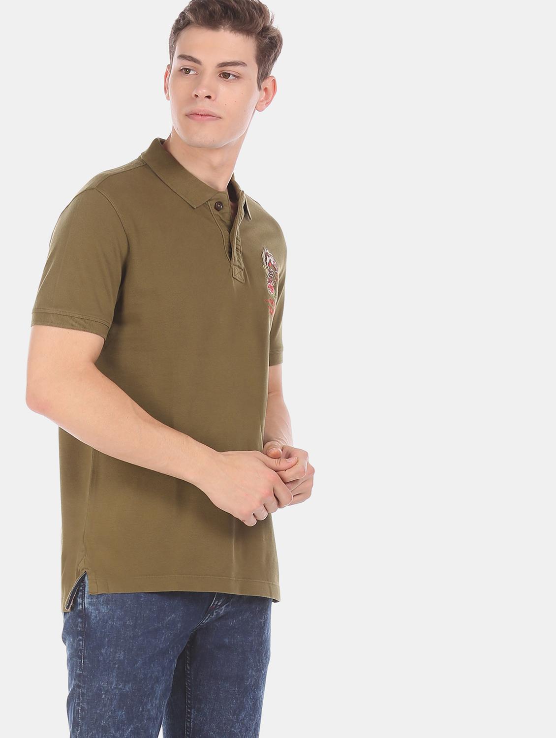 olive green solid polo t-shirt - 18001058 -  Standard Image - 1