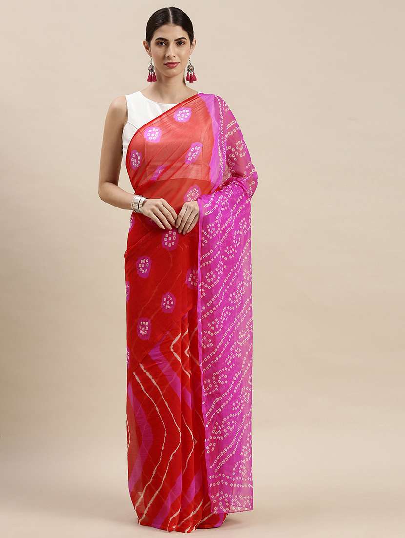 women's bandhani red colored saree with blouse