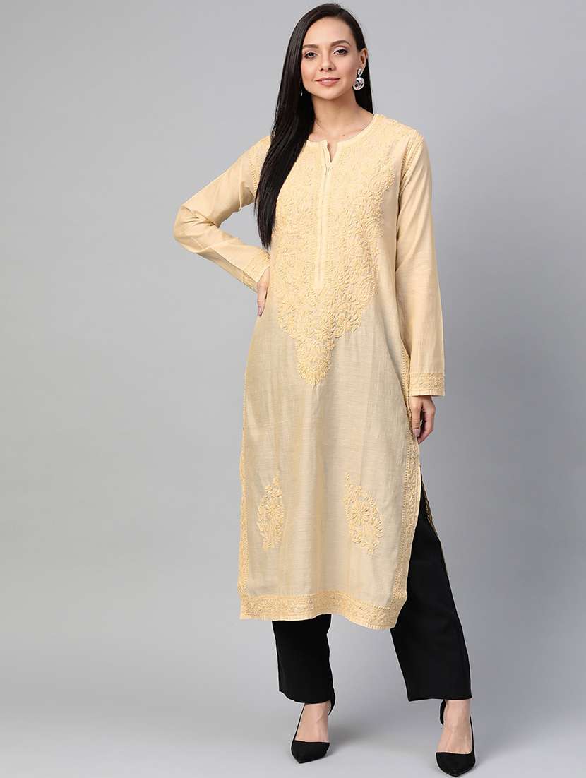 ada hand-embroidered beige chikankari straight kurta