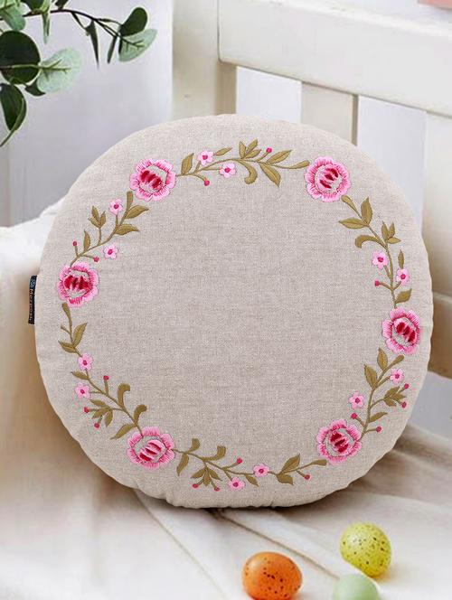 mezposh rustic natural and pink cotton chambray floral embroidered cushion cover (16 dia) - 18007129 - Standard Image - 0