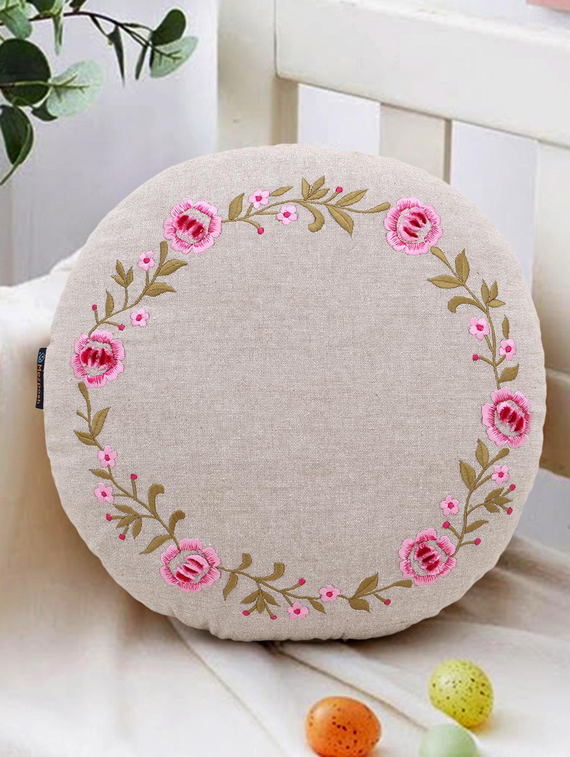 mezposh rustic natural and pink cotton chambray floral embroidered cushion cover (16 dia) - 18007129 - Zoom Image - 0