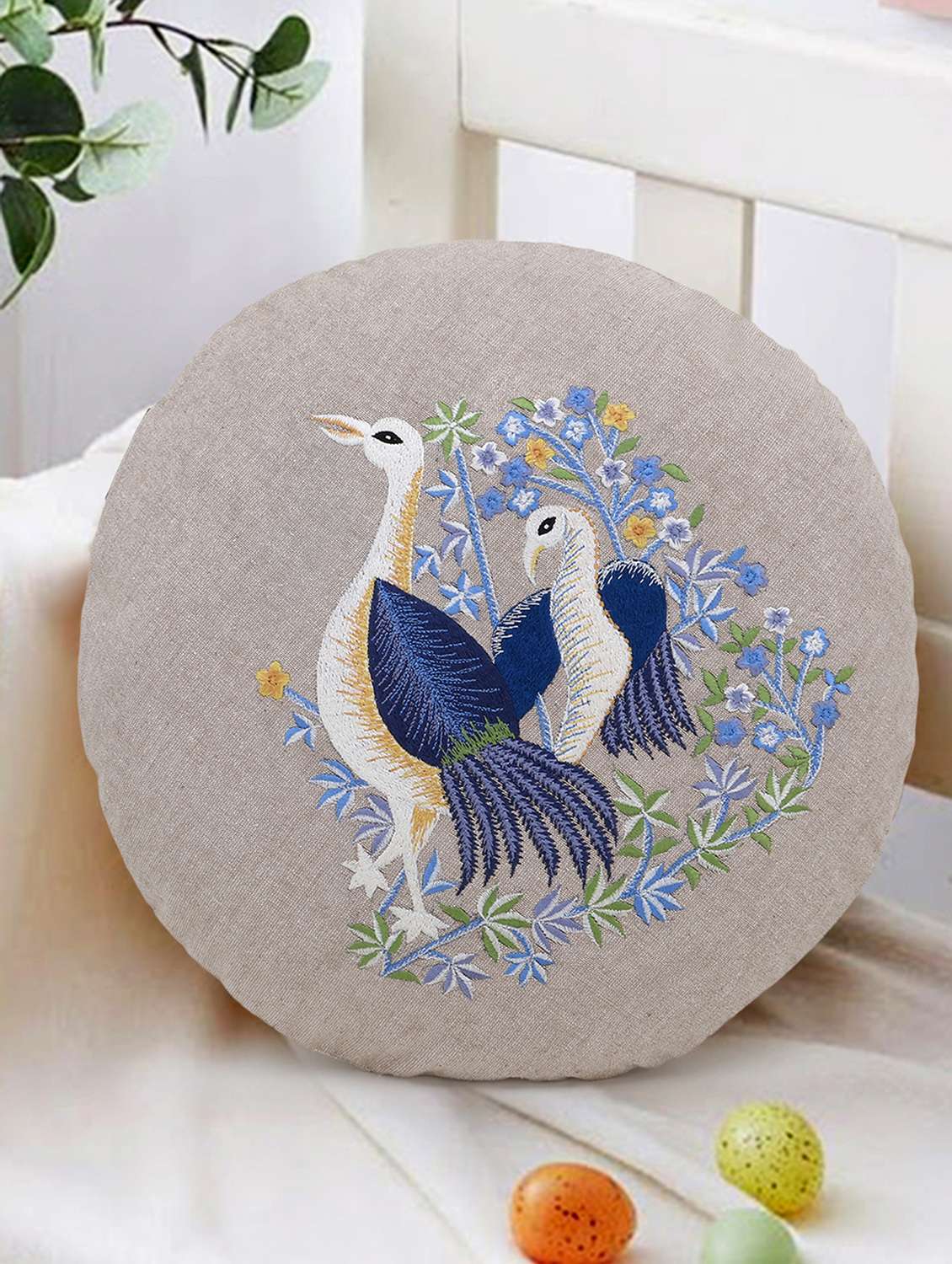 mezposh rustic natural and blue cotton quirky bird embroidered cushion cover (16 dia) - 18007130 - Zoom Image - 0
