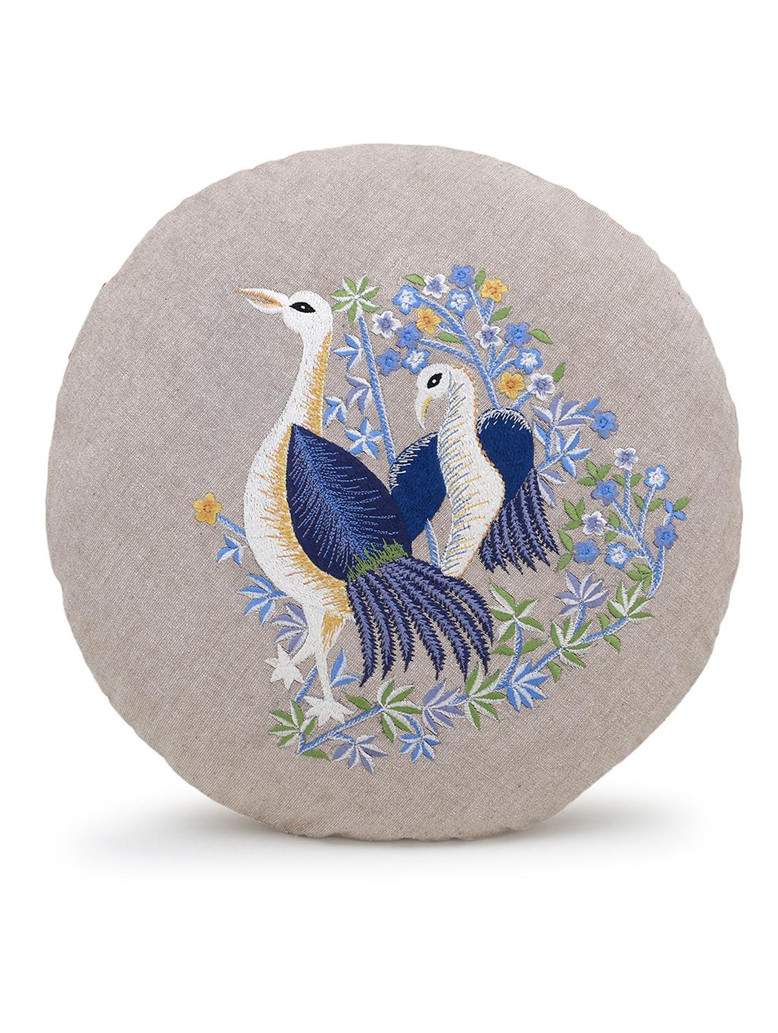 mezposh rustic natural and blue cotton quirky bird embroidered cushion cover (16 dia) - 18007130 -  Standard Image - 1