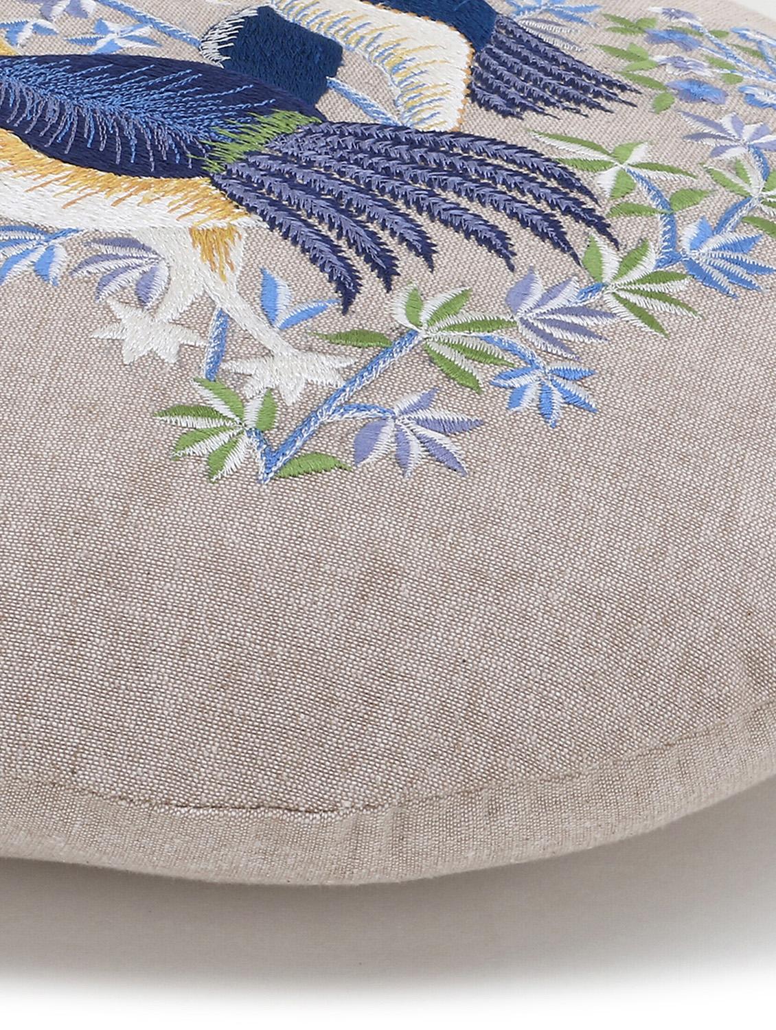 mezposh rustic natural and blue cotton quirky bird embroidered cushion cover (16 dia) - 18007130 - Standard Image - 4