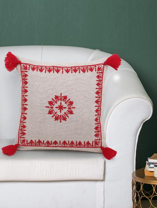 mezposh rustic natural and red cotton chambray embroidered cushion cover with tasssels (16x16 inch) - 18007131 - Standard Image - 0