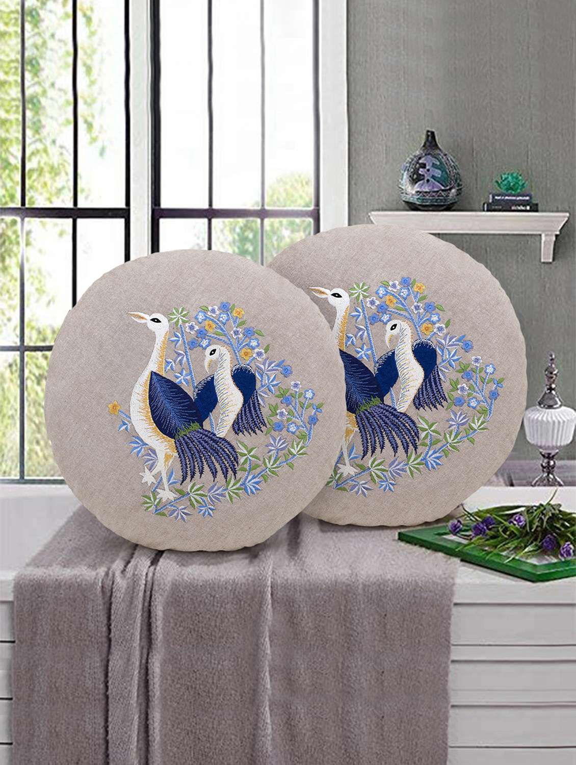 mezposh rustic natural and blue cotton quirky bird embroidered cushion cover (16 dia) set of 2