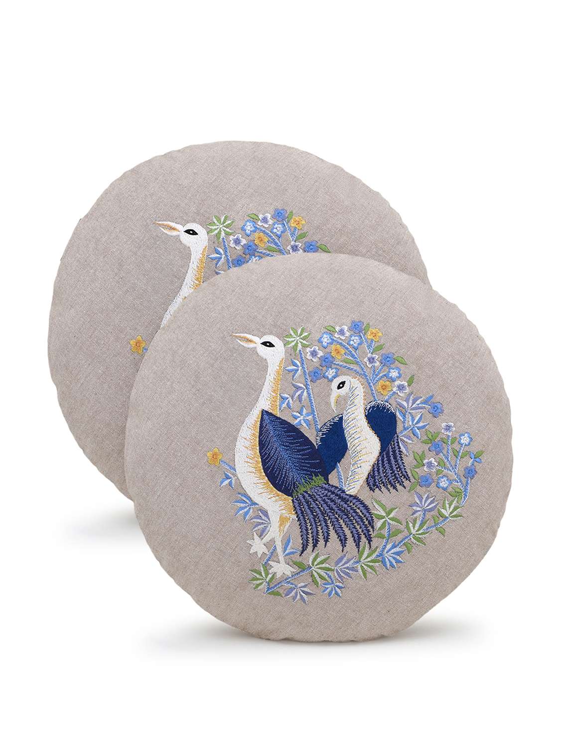 mezposh rustic natural and blue cotton quirky bird embroidered cushion cover (16 dia) set of 2 - 18007140 -  Standard Image - 1