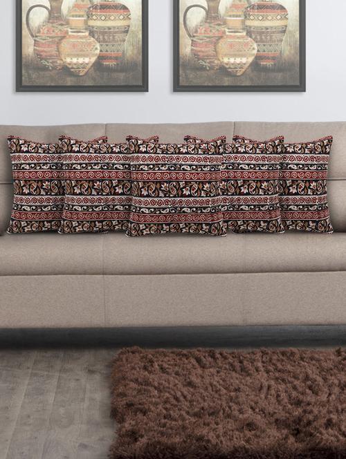 mezposh artsy black and maroon cotton block print kalamkari cushion cover (16x16 inch) set of 5 - 18007144 - Standard Image - 0