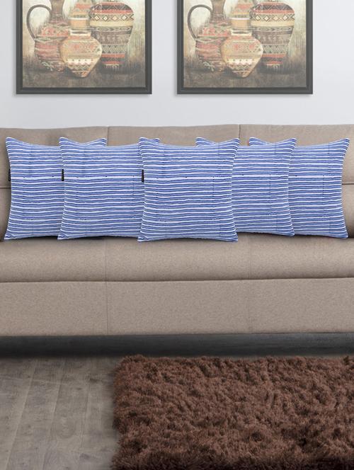 mezposh artsy blue and white cotton block print striped cushion cover (16x16 inch) set of 5 - 18007148 - Standard Image - 0