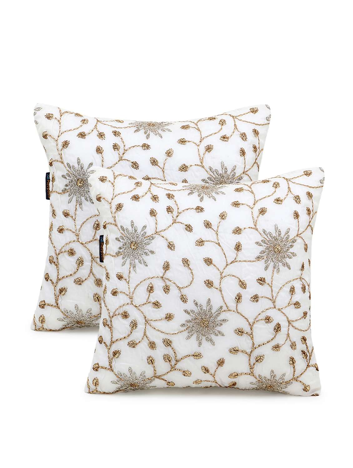 mezposh dazzle white and gold faux silk embellished hand embroidery floral cushion cover (16x16 inch) set of 2 - 18007153 - Standard Image - 1