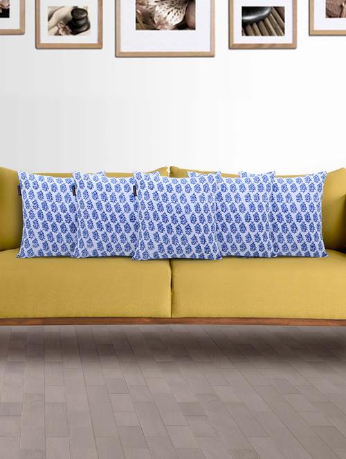 mezposh artsy blue and white cotton block print traditional floral cushion cover (16x16 inch) set of 5 - 18007154 - Standard Image - 0