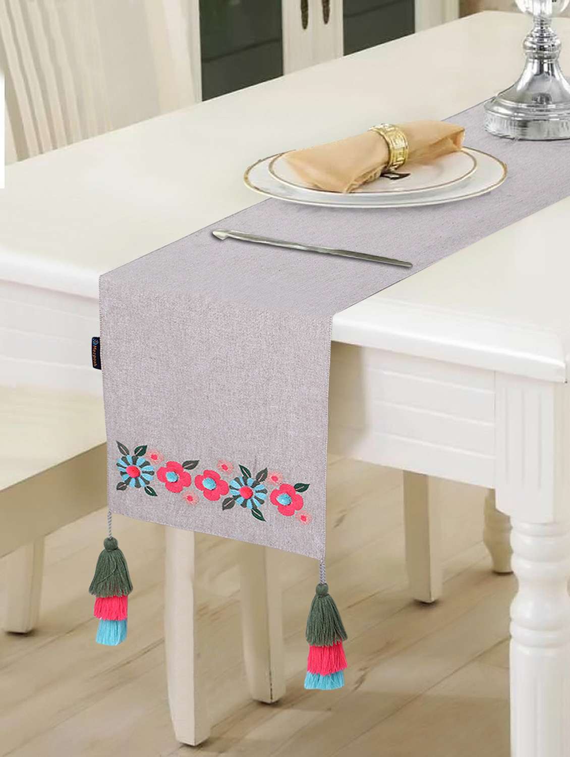 mezposh rustic beige & pink cotton chambray floral embroidered foliage design 6 seater table runner with tassels (180x30cm)