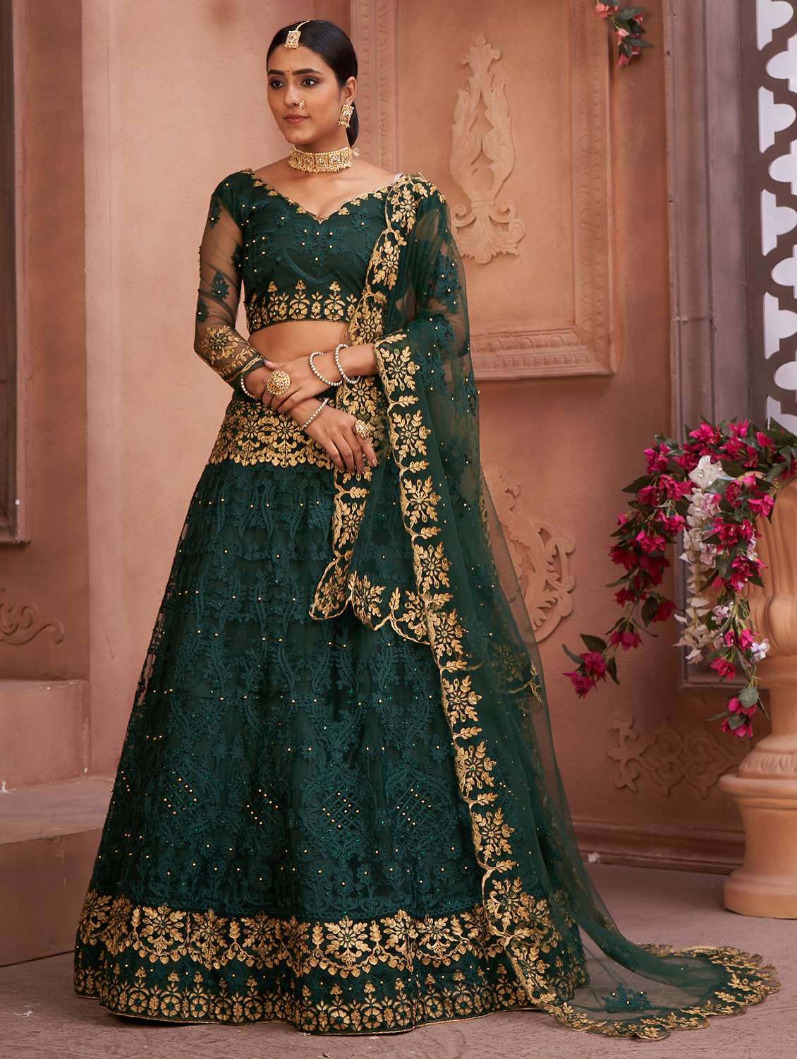 bottle green net flared lehenga - 18008496 - Zoom Image - 0