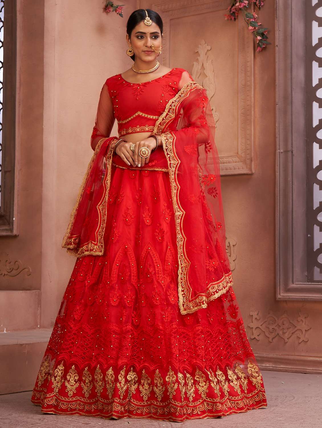 red net flared lehenga