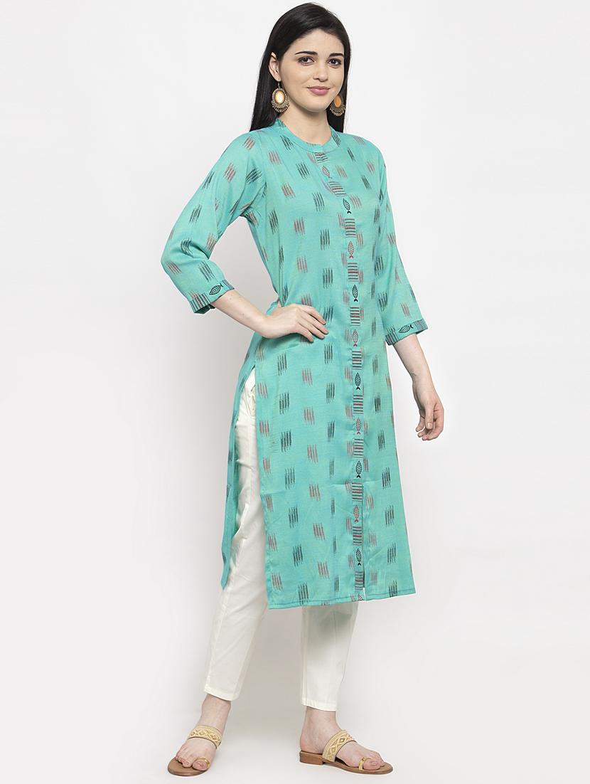 turquoise rayon straight kurta - 18008581 -  Standard Image - 1