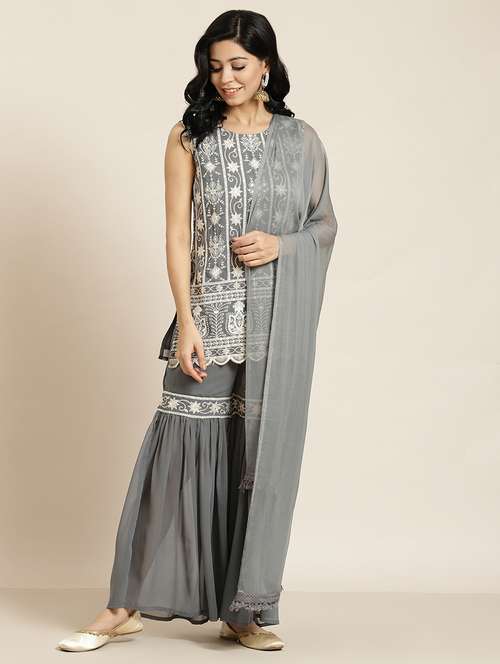women grey embroidered kurta sharara with dupatta set - 18011471 -  Standard Image - 0