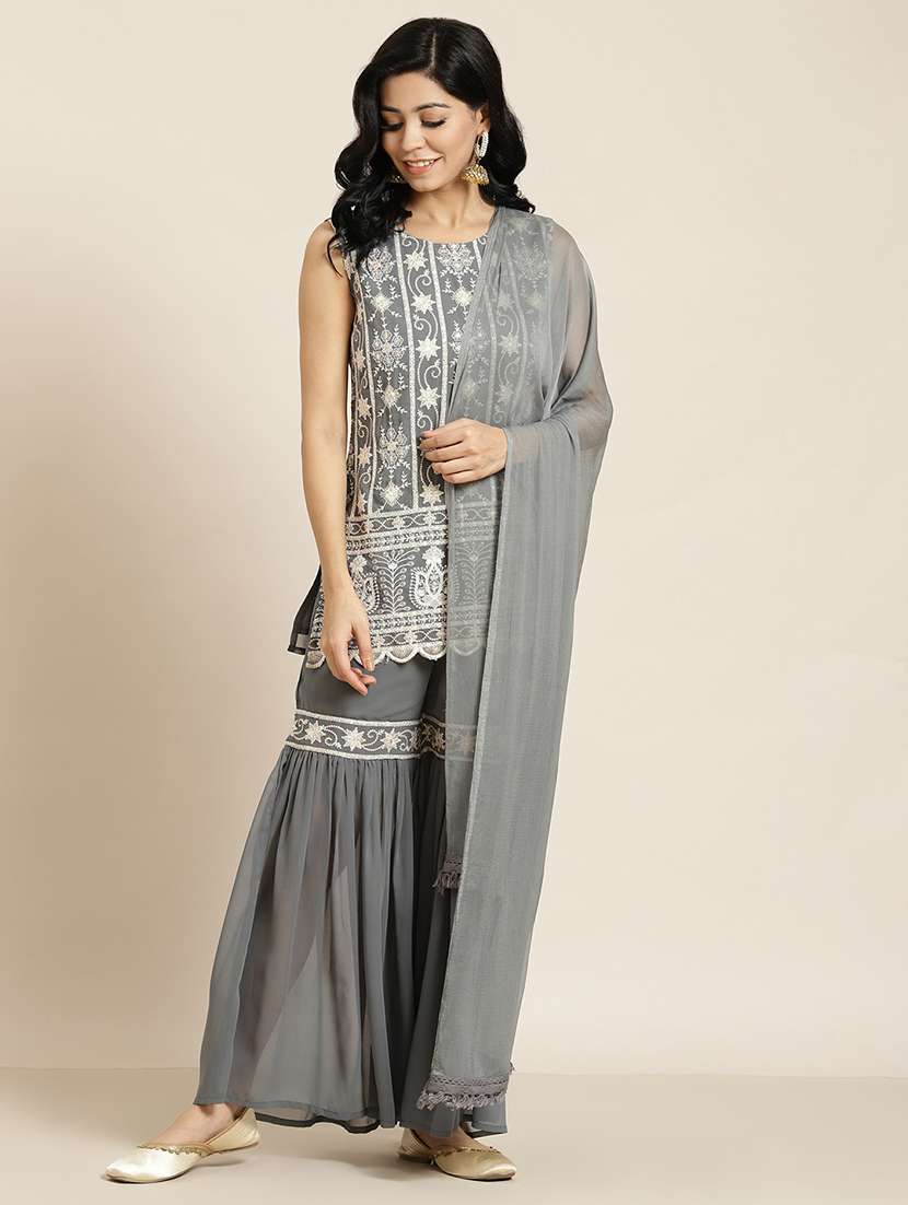 women grey embroidered kurta sharara with dupatta set - 18011471 -  Zoom Image - 0