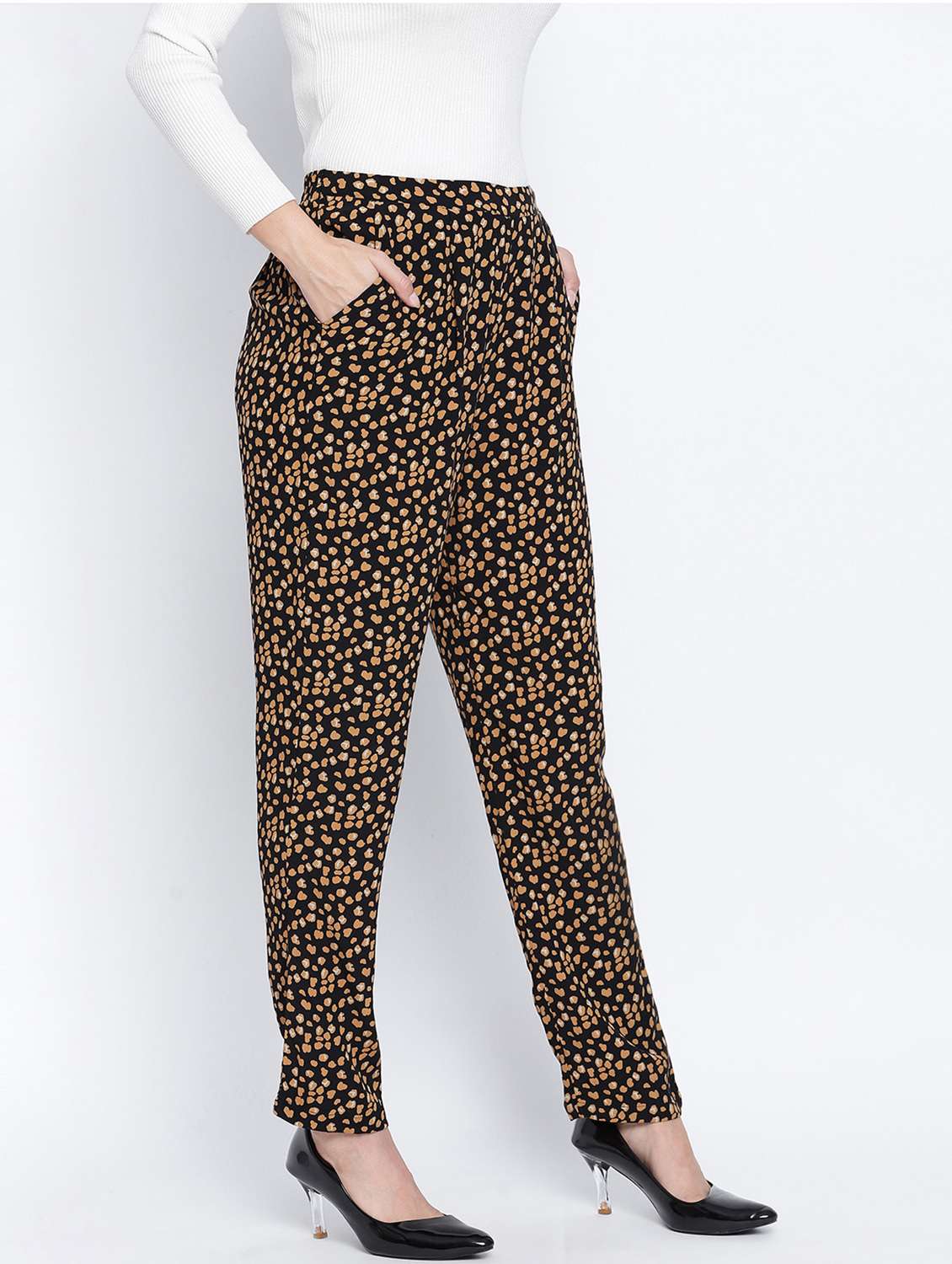 black printed flat front trouser - 18013222 -  Standard Image - 1