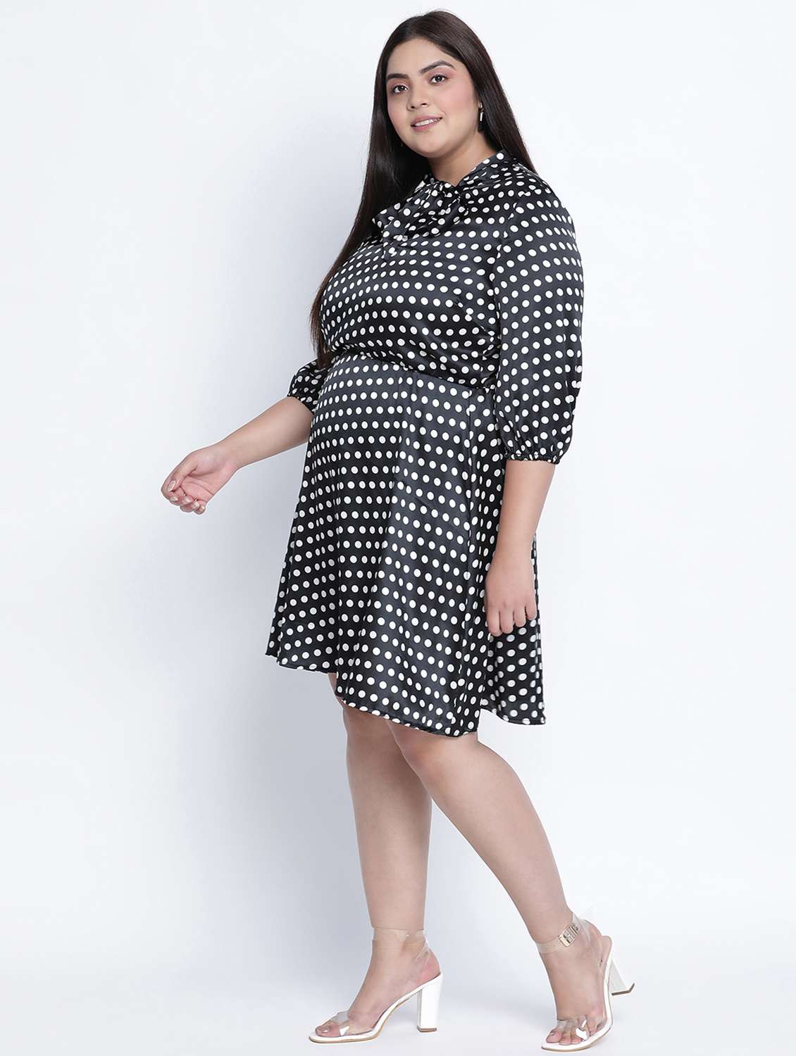 tie up neck polka dot a-line dress - 18013309 - Standard Image - 1