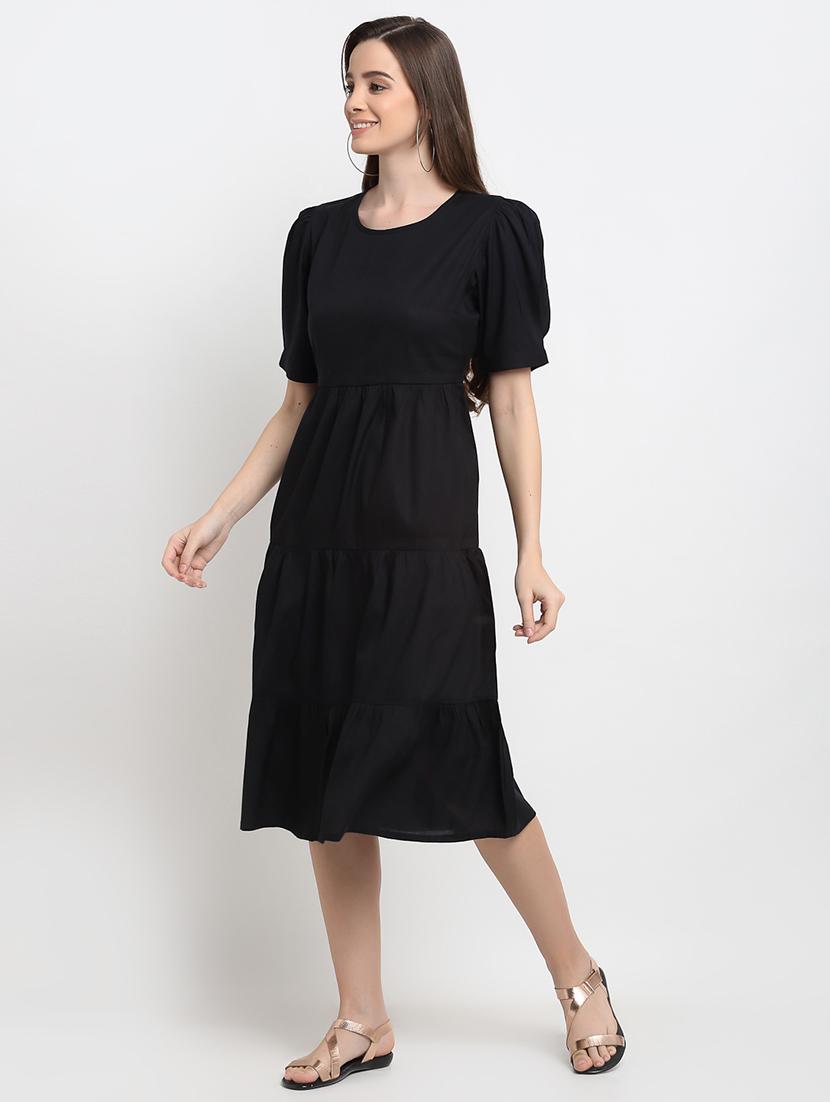 round neck solid fit & flare dress - 18013716 - Standard Image - 1